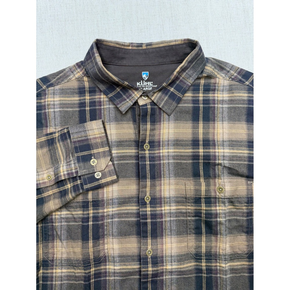 Kuhl Flannel Button Down Shirt Mens XL Brown Navy Plaid Long Sleeve Outdoor